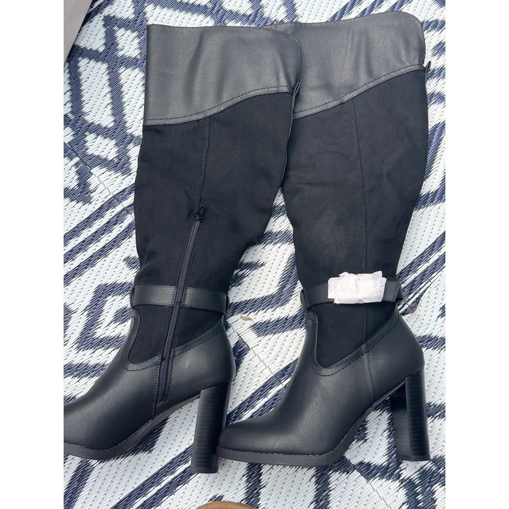 Just Fab Girona Tall Heeled Riding Boots Black Mixed Media Sz 8 NWOT Block